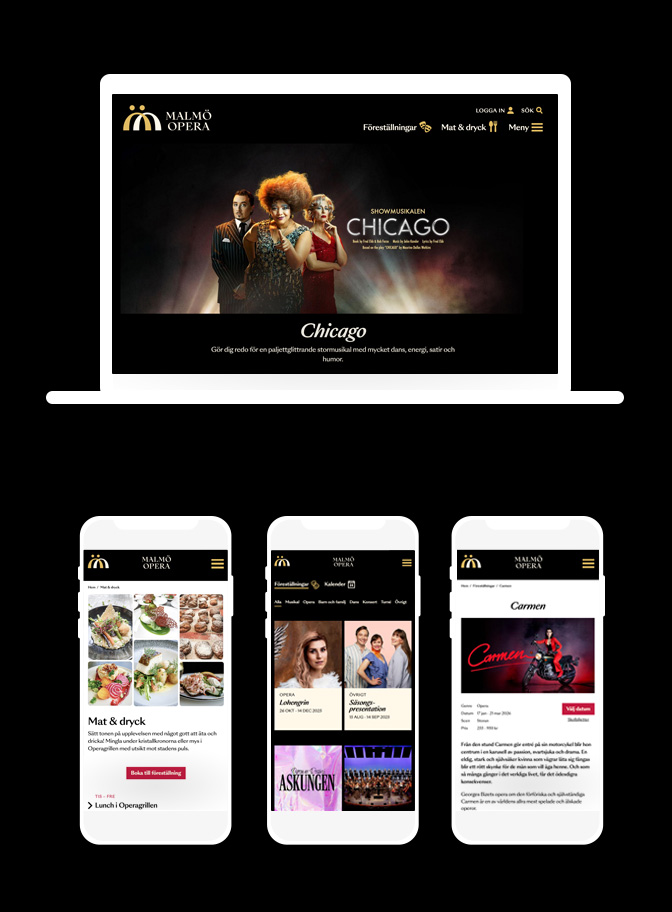 Malmö Operas webbplats på desktop och mobil